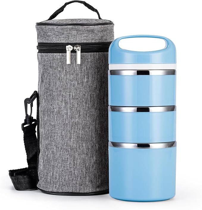 Lille Home Stackable Stainless Steel Thermal Compartment Lunch/Snack Box, 3-Tier Insulated Bento/Food Container with Lunch Bag and Three Extra Seals, 43OZ (Blue)