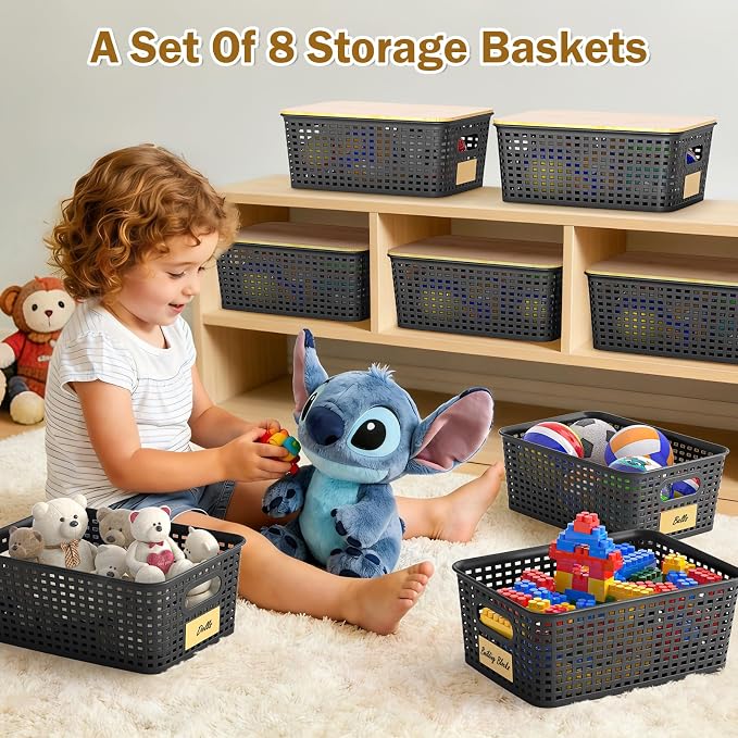 Stackable Storage Basket: Plastic Baskets Bins, Baskets for Organizing, Pantry Decorative Containers for Closets, Cabinets, Shelves(8 Pack, Black)
