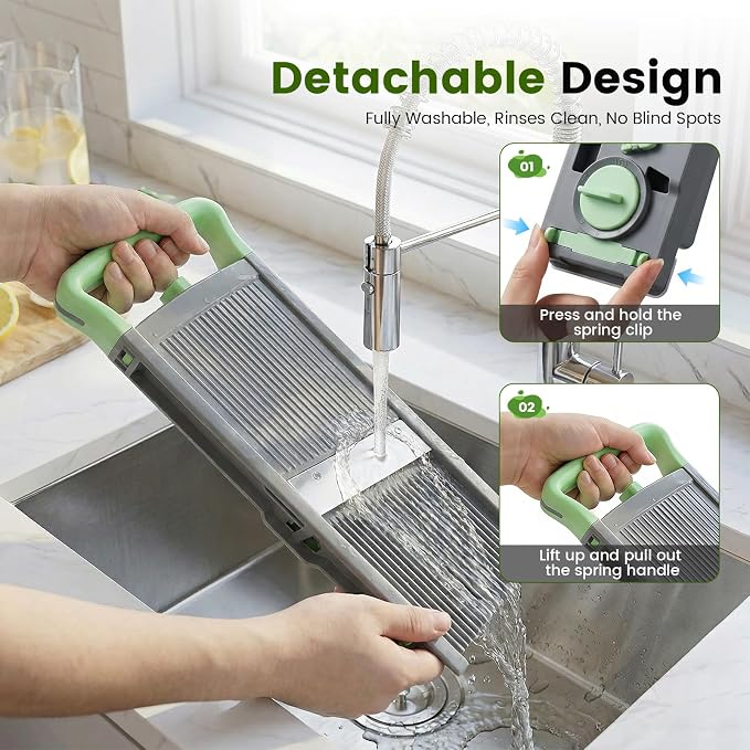 4-in-1 Safe Mandoline Slicer & Vegetable Chopper with 0.1-8mm Adjustable Thickness, Dicer, Julienne & French Fry Cutter Functions, Foldable Kitchen Gadget with Container (Green)