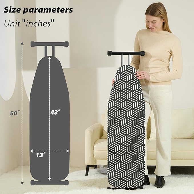 caius Ironing Board with Extra Thick Heavy Duty Padded Cover, Full Size Iron Board, Full Metal Construction, Easy to Fold, Adjustable Height (43x13in Black)