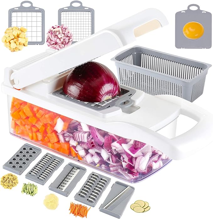 Ourokhome Vegetable Chopper Onion Cutter, 12 in 1 Professional Mandoline Slicer for Kitchen, Multifunctional Food Chopper for Potato, Tomato, Veggie with Strainer Basket, 8 Blades, White