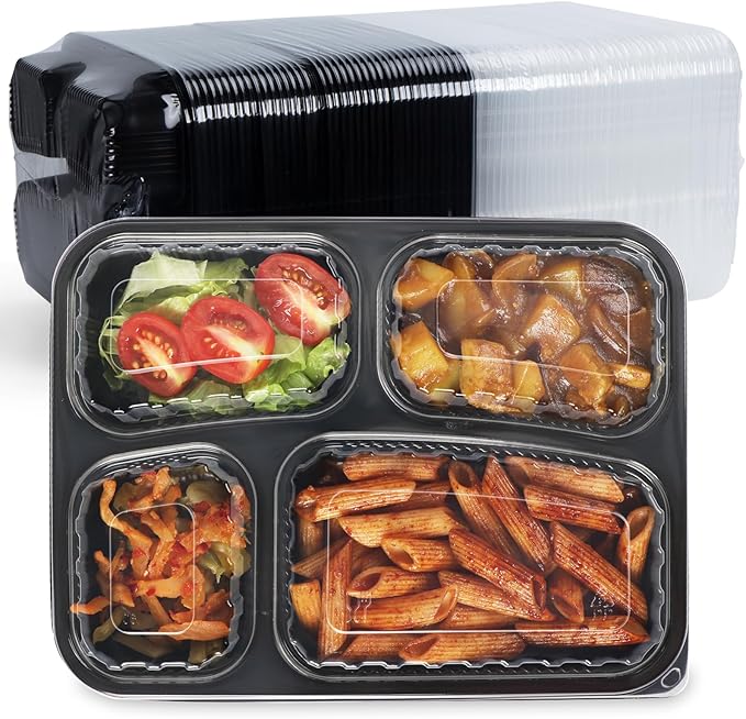 40 Pack 34oz Meal Prep Containers - Shrink Wrapped Ready To Use | 4-Compartment Leak-Resistant | Shatterproof Flexible PP | BPA Free Microwave Safe, Leftover & Catering To-Go Boxes