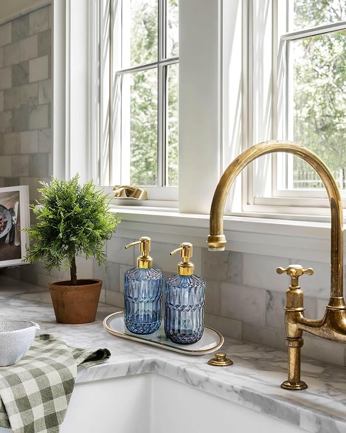 JASAI 18Oz Blue Glass Soap Dispenser with Golden Pump for Dish Soap | Refillable Kitchen Soap Dispenser with Thick Glass & Rust Proof Pump, Bathroom Soap Dispenser for Hand Soap, Liquid Soap.