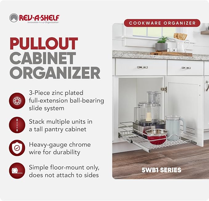 Rev-A-Shelf Steel Wire Pullout Drawer Organizer Shelf for Kitchen Cabinets, Slide Out Storage Basket, Min Opening Width of 14.5", 15" x 22", 5WB1-1522CR-1