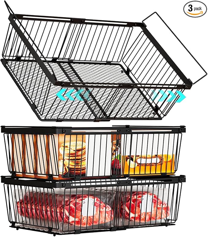 Large Freezer Organizer Bins，Upgraded Bottom Leak-Proof net，Fit 10 to 20 Cu.Ft Deep Freezer，3 Pack， Expandable Stackable Chest Freezer Organizer Bins , for Fridge, Deep Freezer, Cabinet