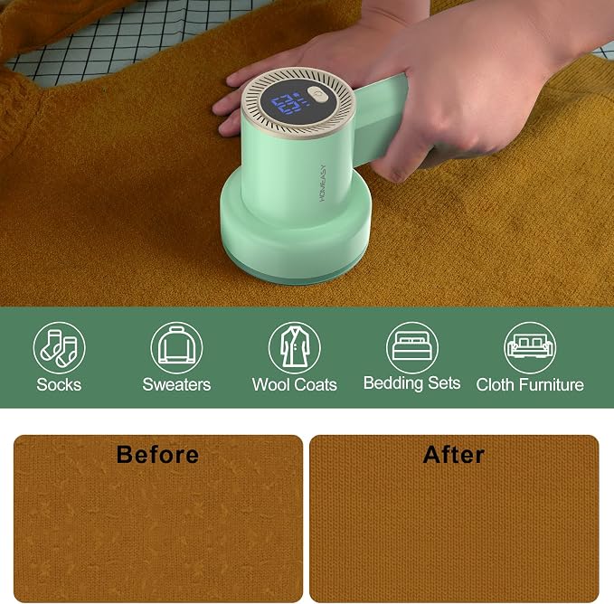 HOMEASY Fabric Shaver, Rechargeable Lint Remover for Clothes Green | Electric sweater shaver and depiller with 70mm head, 6-leaf blades, LED battery display and Type-C charging for Furniture
