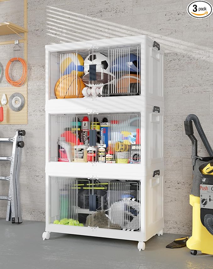 OlarHike 97QT Stackable Lockable Storage Bins with Lids - Folding Cabinet with Doors & Wheels, Collapsible Plastic Drawers for Closets and Organization, Garage, Shelves, College, School, 3 Pack Cubes