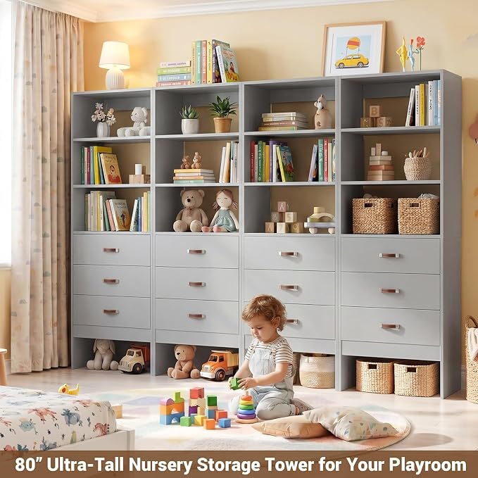 8FT Closet System with Leather Handles, 96" Walk-in Closet Storage Unit with Cabinet, Wood Wardrobe Closet Organizer and Storage with 12 Drawers, Set of 4, Grey