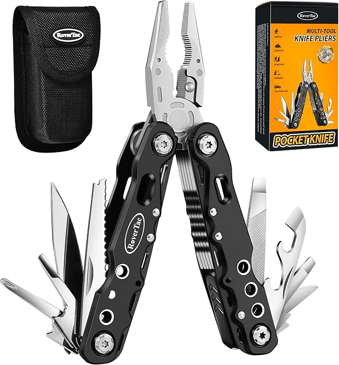 Multitool Pliers Pocket Knife, 14 in 1 Multi Tool Knife Pliers Saw Bottle Opener Safety Lock Nylon Sheath, Camping Hiking Gear Multitool for Camping Survival Hiking DIY, Gifts for Men Dad
