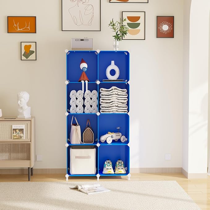 AWTATOS Cube Storage Organizer, 8 Cube Closet Organizers Stackable, Blue | Portable Closet Storage Cube Shelves, DIY Plastic Bookshelf Clothes Organizer Shelving for Bedroom, Home Office