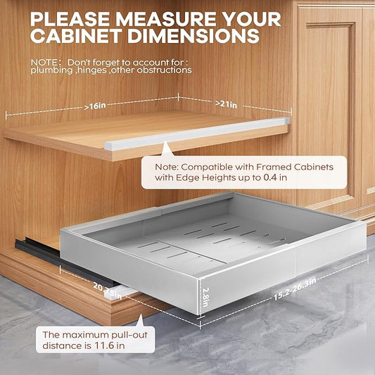 Seinloes 2 Pack Expandable Width (15.15"-26.3") Pull Out Cabinet Organizer 21" Deep with Raising Pad for Framed Cabinets, Upgrade 3 Slide Rails Slide Out Drawers, Roll Out Shelves Adhesive, Silver