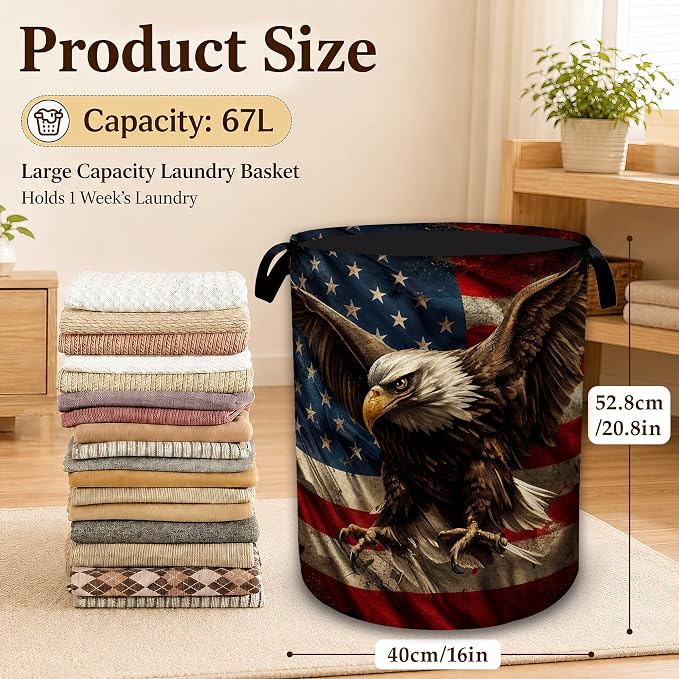 Patriotic Eagle Flag Large Laundry Hamper, Collapsible Oxford Clothes Basket with Handles, Freestanding Dirty Clothes Organizer for Bedroom Bathroom Dorm Laundry Room, 16 x 20.8 Inch