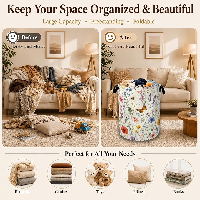 Wildflower Butterfly Collapsible Laundry Hamper for Bedroom, Freestanding Oxford Clothes Basket, Large Foldable Storage Bin with Easy-Carry Handles for Bathroom Dorm Laundry Room