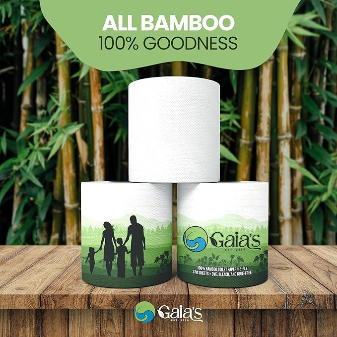 Gaias Premium and Soft Organic Bamboo Toilet Paper | 24 Mega Rolls, 3 Ply, 370 Sheets | FSC Certified, PFAS & BPA Free, Eco-Friendly, Sustainable Tissue - Plastic Free, Septic Safe, Vegan
