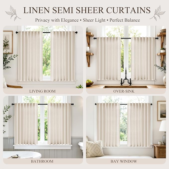 Hokibero Cream Linen Cafe Curtains 48 Inches Long for Kitchen 2 Panels | Light Filtering Semi Sheer Curtain, Back Tab Pocket Pleated Look, Short Drapes for Living Room Bedroom Window, Boho Farmhouse
