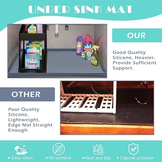 URMONA Waterproof Silicone Under Sink Mat 34'' x 22'' Shelf Liner for Kitchen and Bathroom, Cabinet and Counter Protector, Storage and Organizers, Litter Mat, Pet Cat Puppy Essentials(Khaki)