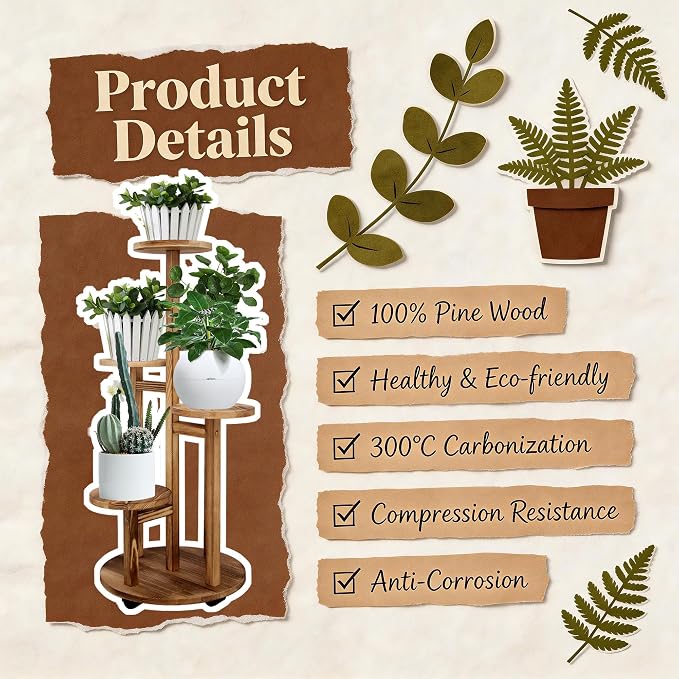 GEEBOBO 5 Tiered Tall Plant Stand for Indoor, Wood Plant Shelf Corner Display Rack, Multi-tier Planter Pot Holder Flower Stand for Living Room Balcony Garden Patio (Brown)