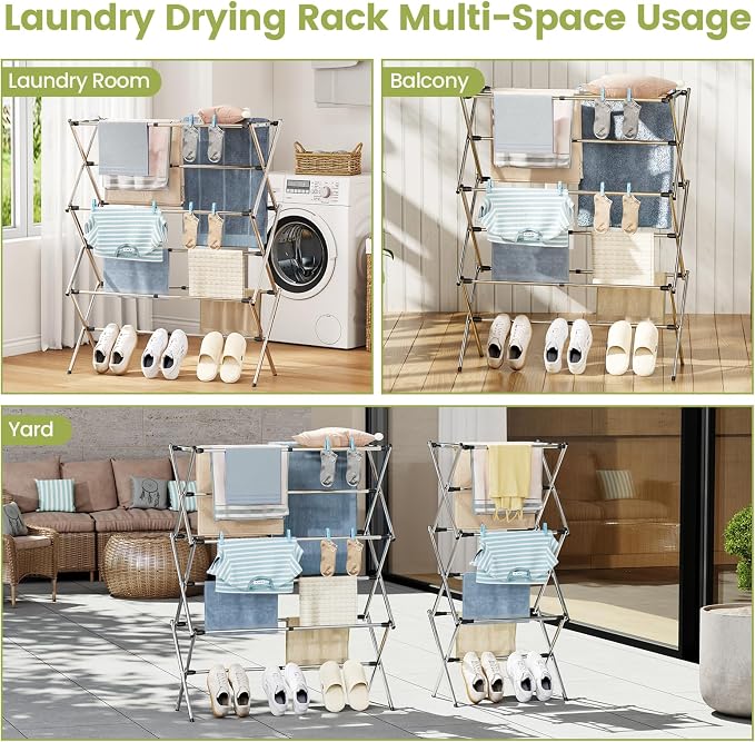 Stainless Steel Clothes Drying Rack, 45.28" H × 14.57" D | Foldable & Extendable, Adjustable Size (24.76"-35.51"L), Space-Saving, Rust-Resistant Frame, Indoor/Outdoor Use, Silver