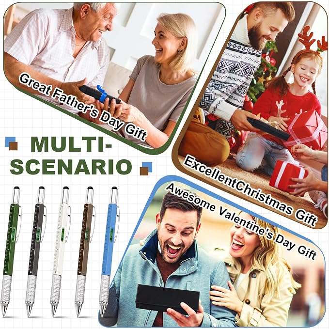 Zhanmai 16 Pcs 6 in 1 Multitool Pen Bulk Gift for Men Multi Tool Ballpoint Pen with Ruler Level Screwdriver Stylus Cool 40 Ink Refill Tool Gadget Birthday Christmas Stocking Stuffers (Multicolor A)