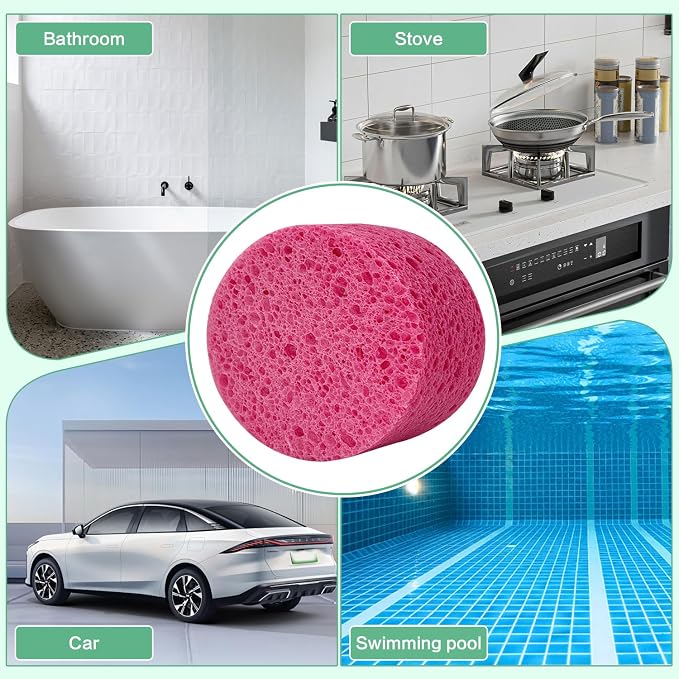 3-Pack Large Sponge, Kitchen Sponges, Handy Sponges, Cellulose Sponges, Dish Washing Sponge, Natural Sponge, Car Washing Sponge, Eco Friendly Sponge (Round, 4" X 4" X 2"), Pink