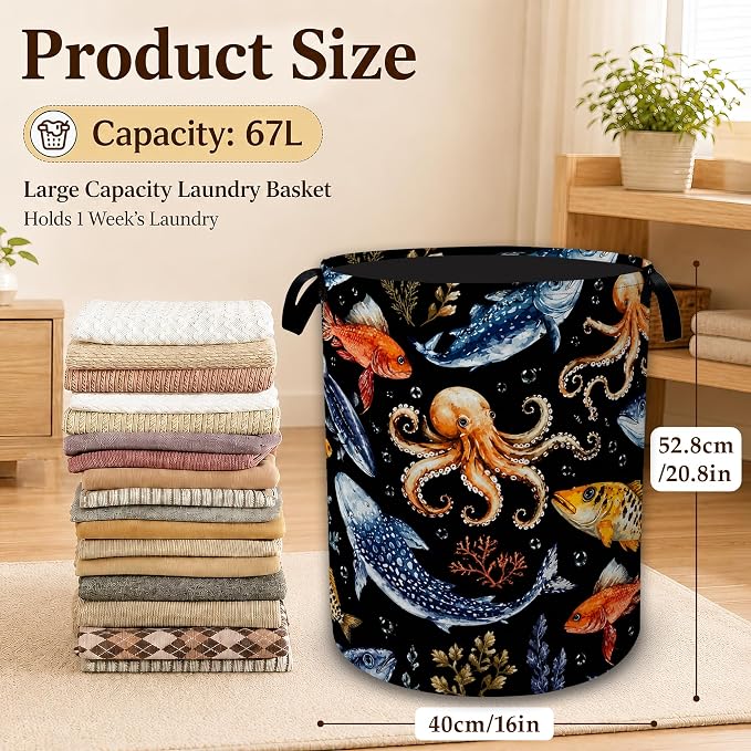 Ocean Fish Octopus Decorative Laundry Hamper, Tall Foldable Oxford Clothes Basket with Handles, Lightweight Dirty Clothes Holder for Bedroom Bathroom Laundry Room