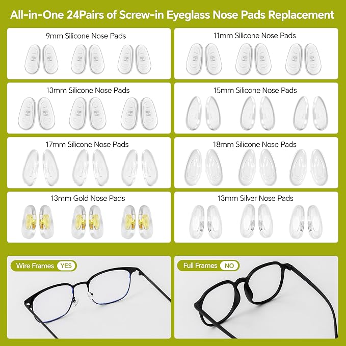 Eyeglass Nose Pads Replacement, 24 Pairs of Screw-in Glasses Nose Pads with Precision Screwdriver Set, Magnetic Eyeglass Repair Kit with Screws, Curved Tweezer for Travel, Birthday Gift, Christmas