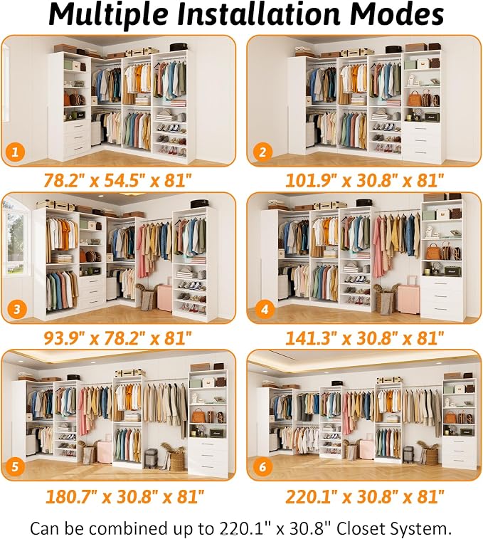Closet Organizer System of 4 Sets with 3 Drawers, 9 Hanging Rods & 8 Shelves, 157" Walk in Closet System, Corner Closet Organizer, Modular Standalone Closet, White