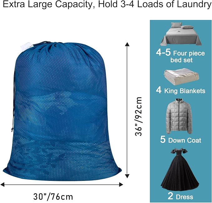 2 Pack Heavy Duty Diamond Mesh Laundry Bag, 30x36", Blue | Drawstring & ID Tag, Breathable Mesh, Machine Washable, Commercial Grade, , For College Dorms, Travel, Sports Equipment