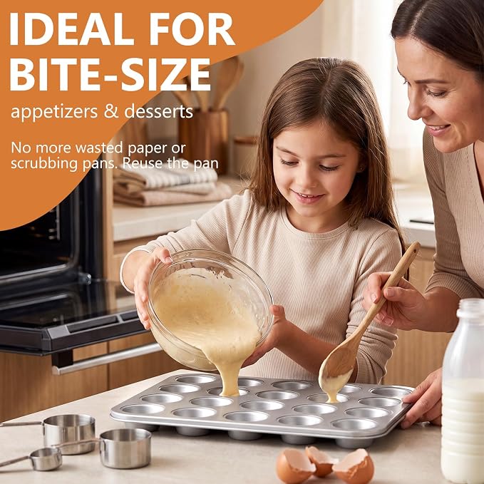 Domensi 4 Pcs Mini Muffin Pan 24 Cup Carbon Steel Cupcake Baking Pan Nonstick Tin Tray for Standard Muffins, Brownie, Tart, Quiche, Heavy Duty Bakeware Set, Oven & Dishwasher Safe