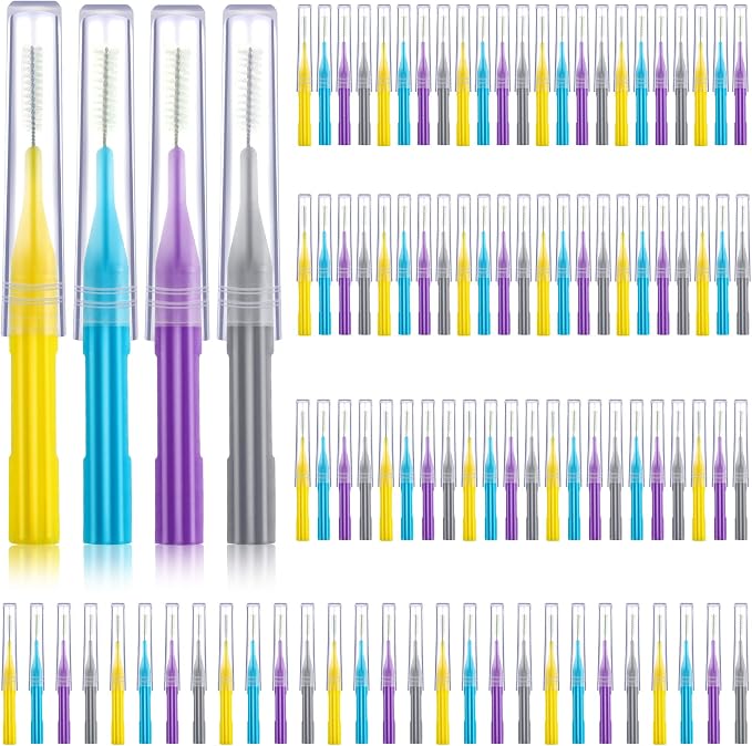 Patelai 100 Count Interdental Brush Set, Soft Braces Cleaner Picks with Cap, Multi Size Teeth Gap Cleaning Tool for Orthodontic Care Bridge Implant Travel Kit(Light Blue, Yellow, Gray, Purple)