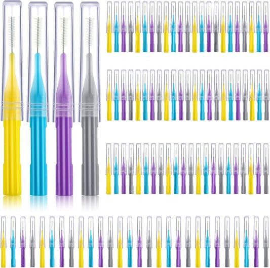 Patelai 100 Count Interdental Brush Set, Soft Braces Cleaner Picks with Cap, Multi Size Teeth Gap Cleaning Tool for Orthodontic Care Bridge Implant Travel Kit(Light Blue, Yellow, Gray, Purple)