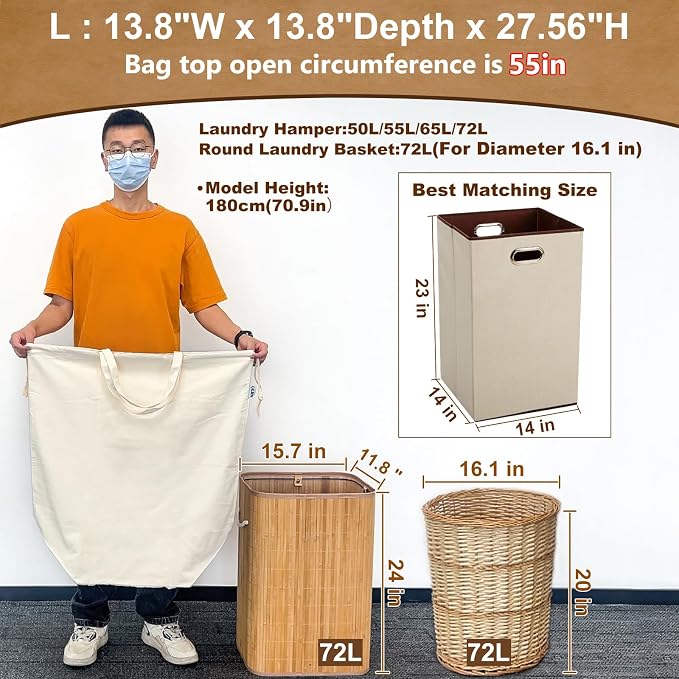 Canvas Laundry Bags with Handles & Square Base 13.8"Wx13.8"Dx27.6"H, 2 Pack | Large Heavy Duty Laundry Hamper Bag, Washable Drawstring Dirty Clothes Sack for College Dorm, Home Storage, Beige