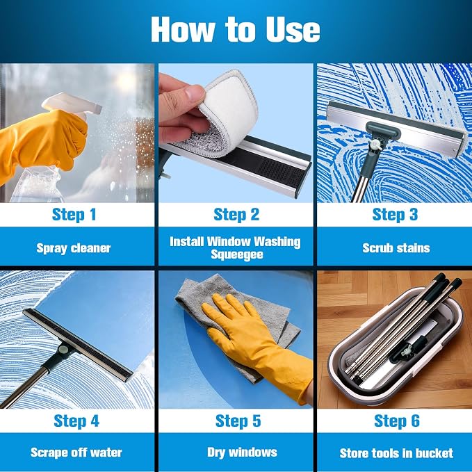 XANGNIER Window Cleaning Kit Tool with Storage Bucket & Extension Pole | Window Washing Kit with Extension Pole,Professional Windows Washer Cleaner Squeegee Kits,Indoor&Outdoor High Windows