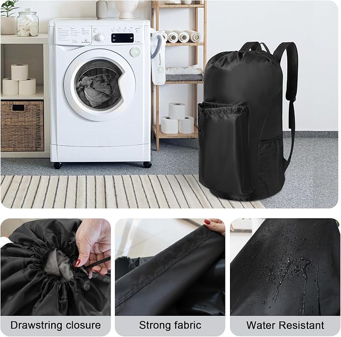 Extra Heavy-Duty Laundry Bag, Black,13.5x29" | Backpack, Large Capacity, Drawstring, Padded Shoulder Straps, 4 Pockets & ID Tag, For Dorm, College, Travel