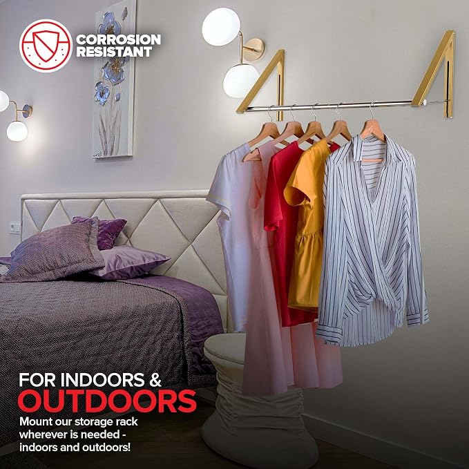 Double Foldable Clothing Rack w/ Extension Rod, Wall-Mounted Retractable Clothes Hanger for Laundry Dryer Room, Hanging Drying Rod, Small Collapsible Folding Garment Racks, Dorm Accessories (Gold)