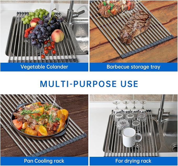 CHIRISEN Expandable Large Roll Up Dish Drying Rack, Foldable Over The Sink Dish Drying Rack, Rolling Dish Drainer Stainless Steel Roll Rack for Kitchen Sink Counter (Gray, 21.25x12.79in)