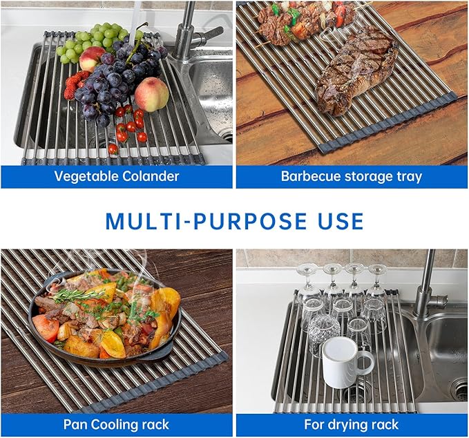 Expandable Roll Up Dish Drying Rack Over The Sink Rack, Large Dish Drainer Rack for Stainless Steel Sinks, Non-Slip Silicone Collapsible Rack 18 Tube for Kitchen, Sliver Gray