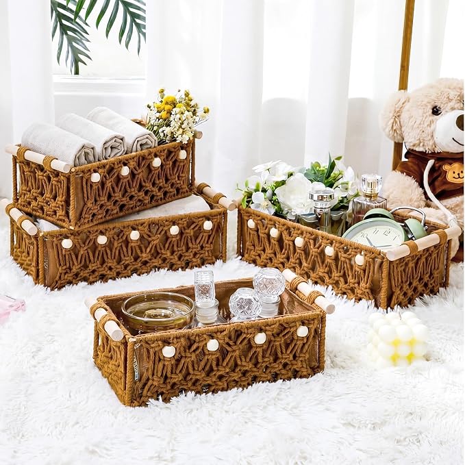 Vesici 4 Pcs Rustic Brown Macrame Storage Basket for Shelves 13 in 11 in Boho Basket Hand Woven Boxes with Wood Handles Beads Decorative Countertop Toilet Tank Cabinet Organizer for Home Room Decor