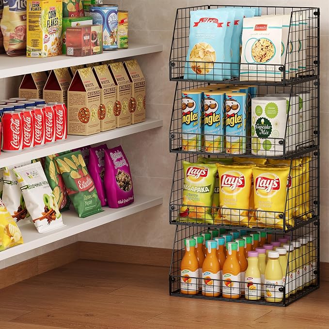 Jakyitvi 4 Pack XXL Stackable Wire Storage Basket, Extra Large Capacity Pantry Organizer and Storage, Muti-Purpose for Vegetable Fruit Basket & Can Organizer & Snack Rack & Metal Pantry Bin