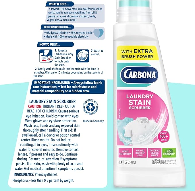 Carbona Laundry Stain Scrubber | Bio-Enzyme Stain Remover | Eliminates Fat, Oil, Blood, Milk, Fruit, Ketchup, Vegetables & Baby Food Stains | Save On Skin & Washable Fabrics | 3 Pack