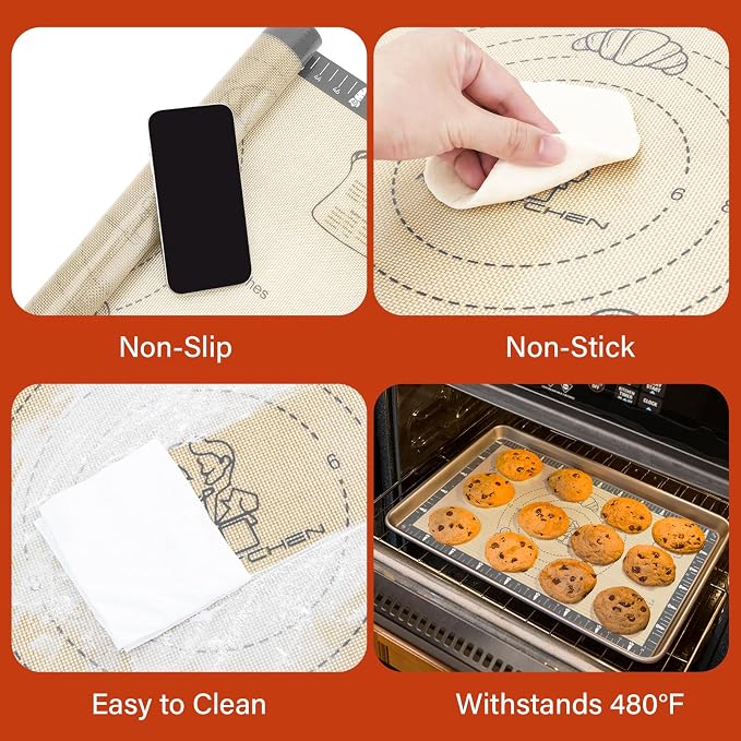 Silicone Mat for Baking Macaron, Bread, Pizza, Extra Thick Silicone Baking Mat with Measurement, Non Stick Pastry Mat for Dough Rolling Out, Heat Resistant to 480°F for Baker