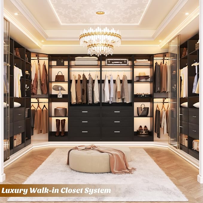 Besiost Corner Closet System with 6 Drawers, Closet Organizer System with 14 Shelves & 4 Hanging Rods, 87.2"L * 39.2"W / 63.2"L * 63.2"W Reversible L Shaped Walk-in Closets, Load 2500+LBS, Black