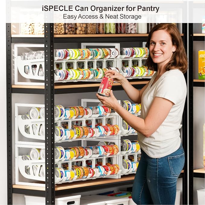iSPECLE Pantry Can Organizer - Auto-Rolling, Expandable, Holds 120 Cans | White, Stackable For Walk-in Deep Pantry Shelve, Adjustable Width for Food Cans, Sturdy Metal Frame, Easy Access & Restocking