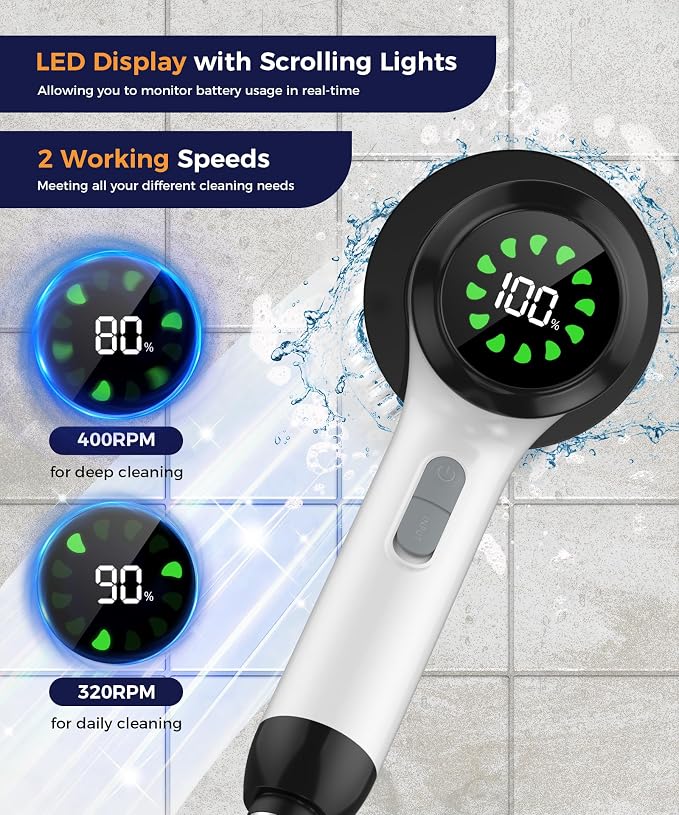 Cordless Electric Spin Scrubber, 6 Brush Heads, Long Handle | Power scrubber, adjustable long handle, IPX7 rated body, lightweight grip, bathroom, kitchen, tile, grout, tub, shower, floor
