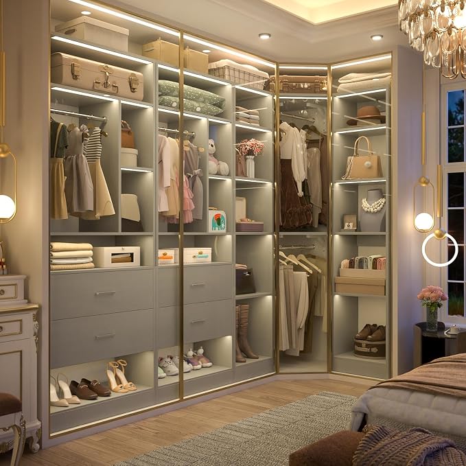 Besiost Large Corner Closet System with 3 Sets, 87.2" Closet Organizer System with 4 Drawers & 4 Hanging Rods, Reversible L Shaped Walk-in Closets, Load 2000+LBS, Grey (87.2" L x 39.2" W x 80" H)