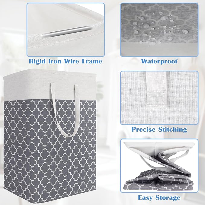 BlissTotes 3-Pack Laundry Basket, Laundry Hamper, Light Grey, 88L | Laundry Clothes Hamper, Hampers for Bedroom, Freestanding Hamper with Handles, Clothes Laundry Basket