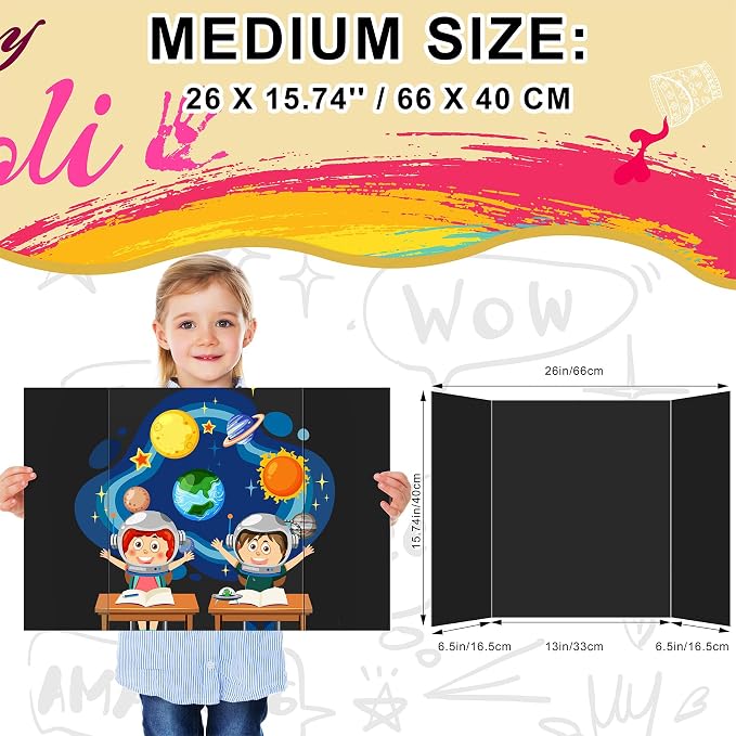 HAUTOCO 4 Pcs Medium Trifold Poster Board 26'' x 15.74'' Project Boards | Corrugated Tri Fold Presentation Boards for Science Fair, School Projects, Event Displays & Business Presentations, Black