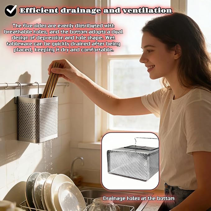Stainless Steel Utensil Holder for Kitchen Counter, 2 Compartment Cutlery Organizer with Hooks, Dishwasher Safe Flatware Drying Caddy for Sink & Dish Rack (Brushed Finish)