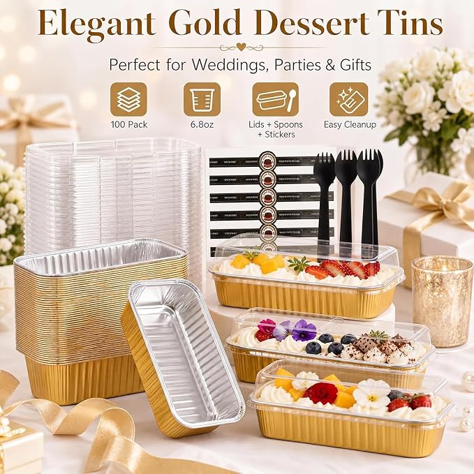 YQER 100 Pack Gold Mini Cake Pans with Lids and Spoons, 6.8 oz Disposable Aluminum Foil Mini Loaf Pans with Stickers, Individual Elegant Dessert Cake Tins Containers for Weddings, Parties, Bake Sales