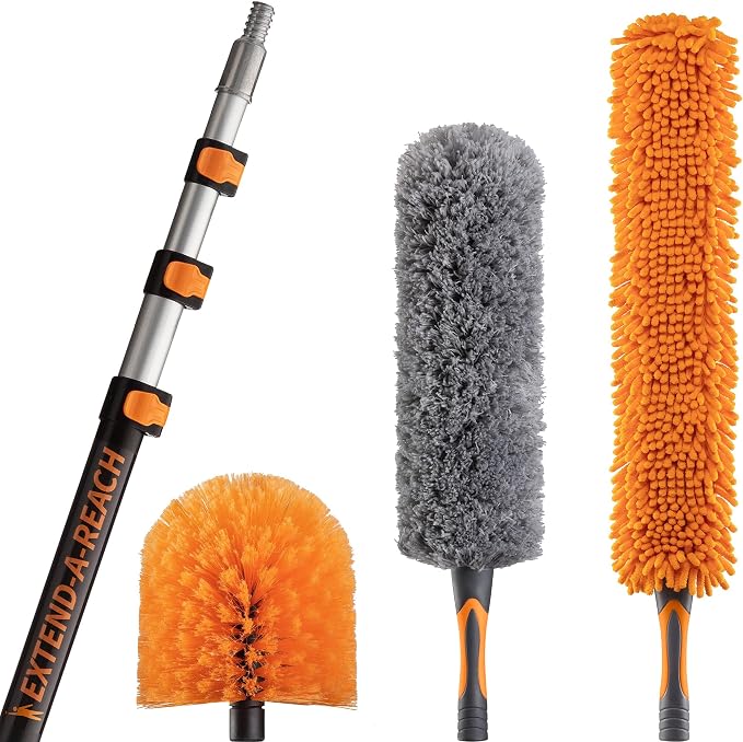 20 Foot High Reach Duster Kit with 4-12 ft Telescopic Extension Pole | High Ceiling Duster Cleaning Kit with Telescoping Pole, Cobweb Duster, Feather Duster and Ceiling Fan Duster